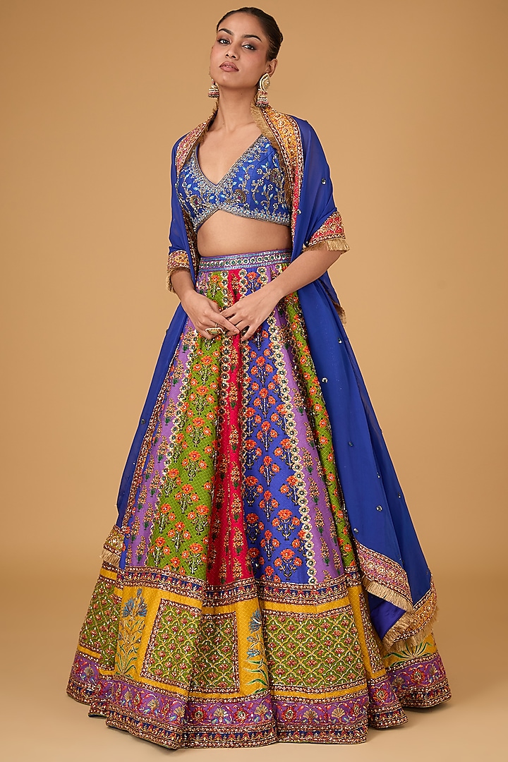 Multi-Colored Dupion Hand Embroidered Kalidar Wedding Lehenga Set by ...