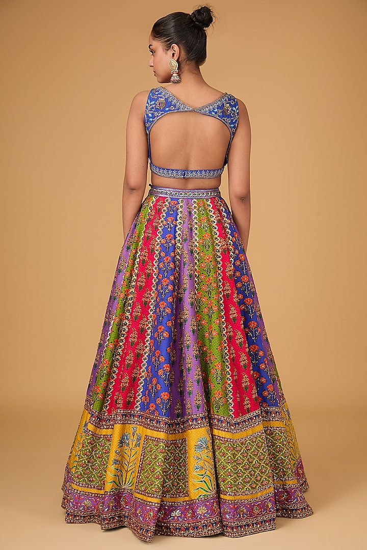 Multi-Colored Dupion Hand Embroidered Kalidar Wedding Lehenga Set by Irrau by Samir Mantri at Pernia's Pop Up Shop