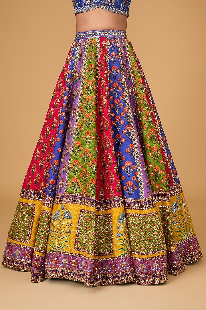 Multi-Colored Dupion Hand Embroidered Kalidar Wedding Lehenga Set by Irrau by Samir Mantri at Pernia's Pop Up Shop