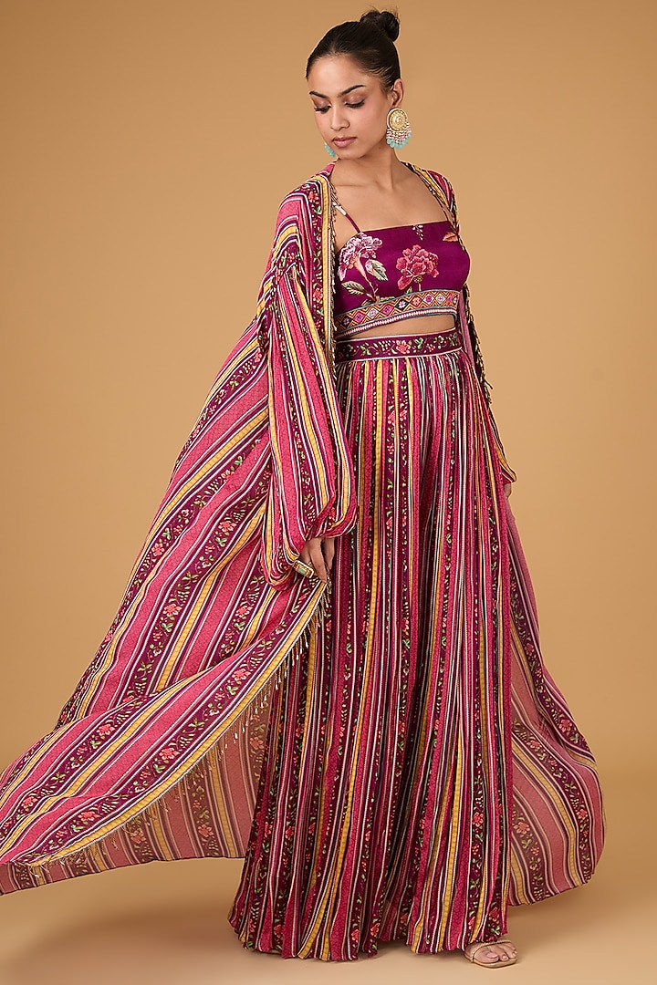 Multi-Colored Chinon Chiffon Printed & Embellished Cape Set by Irrau by Samir Mantri at Pernia's Pop Up Shop