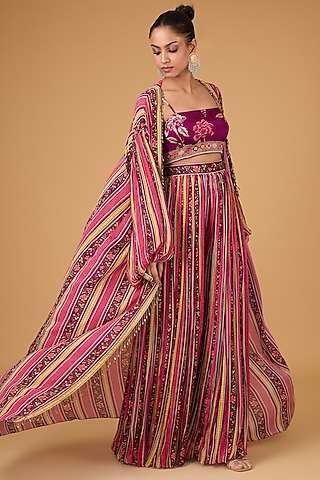Multi-Colored Chinon Chiffon Printed & Embellished Cape Set by Irrau by Samir Mantri