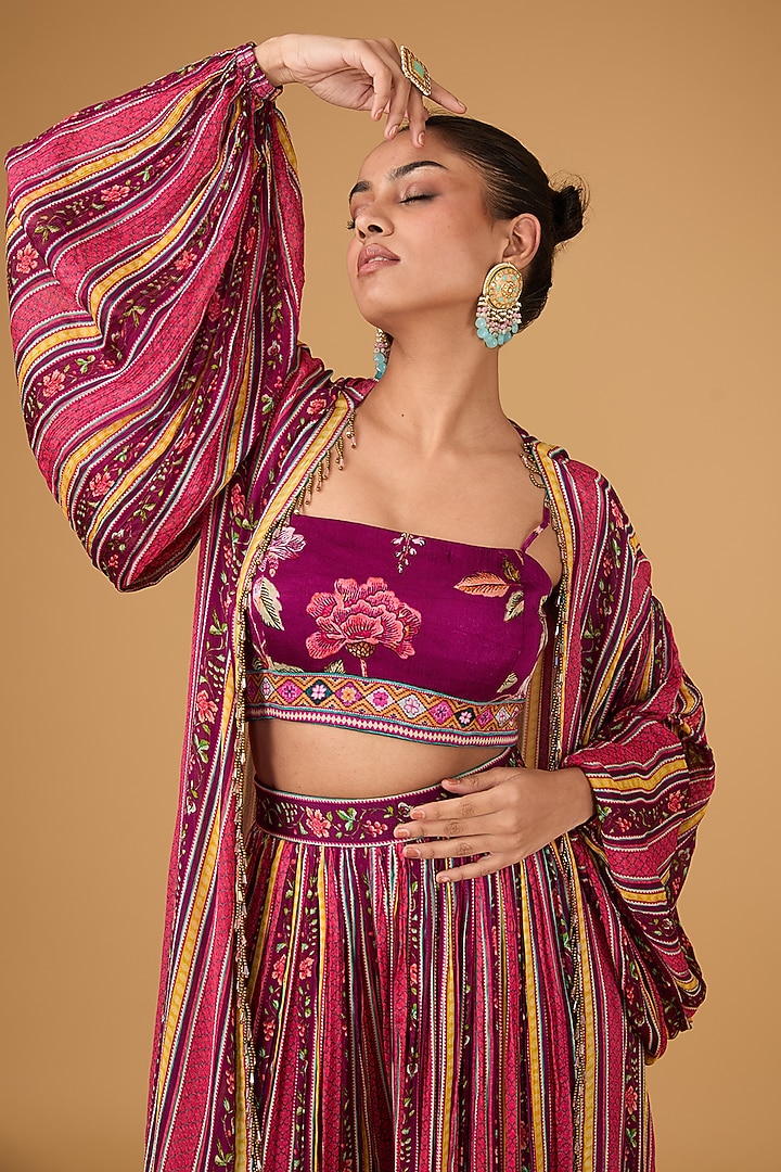 Multi-Colored Chinon Chiffon Printed & Embellished Cape Set by Irrau by Samir Mantri at Pernia's Pop Up Shop
