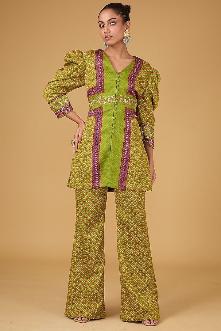 Olive Linen Satin Printed & Hand Embroidered Co-Ord Set by Irrau by Samir Mantri at Pernia's Pop Up Shop