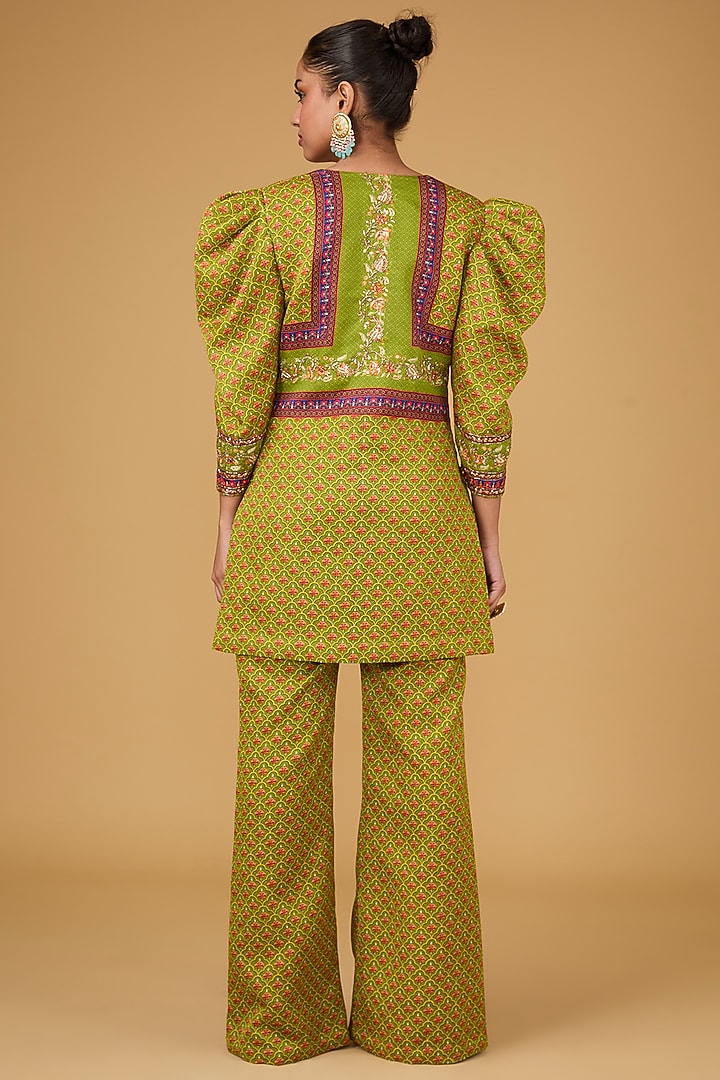 Olive Linen Satin Printed & Hand Embroidered Co-Ord Set by Irrau by Samir Mantri at Pernia's Pop Up Shop