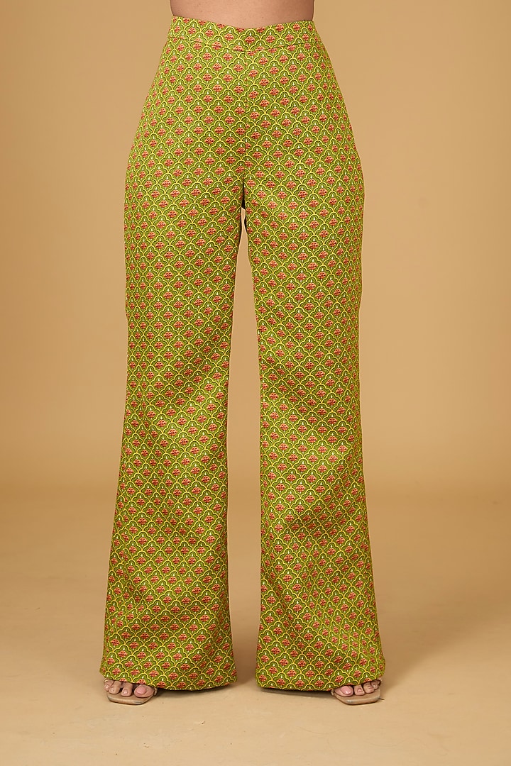 Olive Linen Satin Printed & Hand Embroidered Co-Ord Set by Irrau by Samir Mantri at Pernia's Pop Up Shop