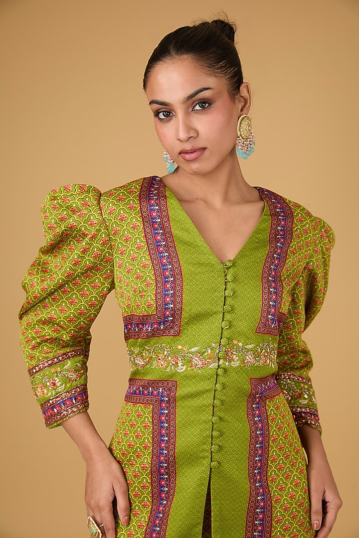 Olive Linen Satin Printed & Hand Embroidered Co-Ord Set by Irrau by Samir Mantri at Pernia's Pop Up Shop