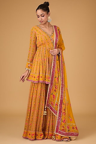 Amber Georgette Printed Flared Gharara Set by Irrau by Samir Mantri
