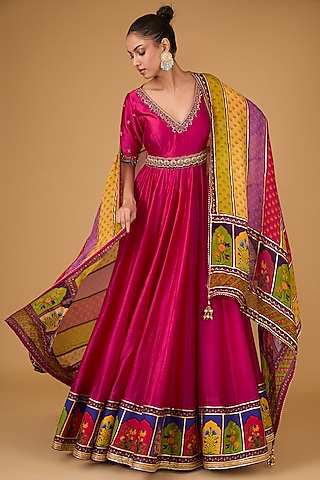 Pink Silk Chanderi Hand Embroidered Kalidar Anarkali Set by Irrau by Samir Mantri