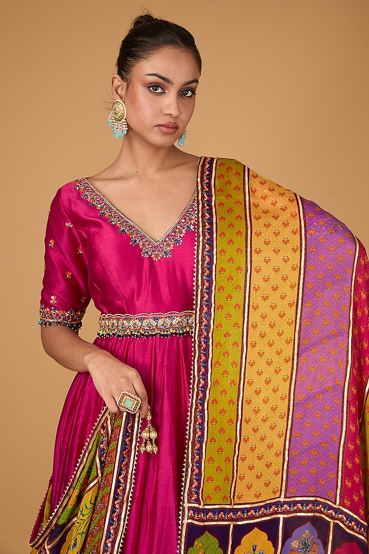 Pink Silk Chanderi Hand Embroidered Kalidar Wedding Anarkali Set by Irrau by Samir Mantri at Pernia's Pop Up Shop