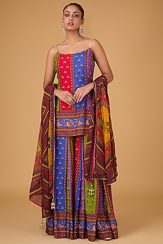 Multi-Colored Dupion Printed Gharara Set by Irrau by Samir Mantri