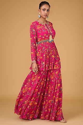 Crimson Pink Chinon Chiffon Floral Printed Gharara Set by Irrau by Samir Mantri
