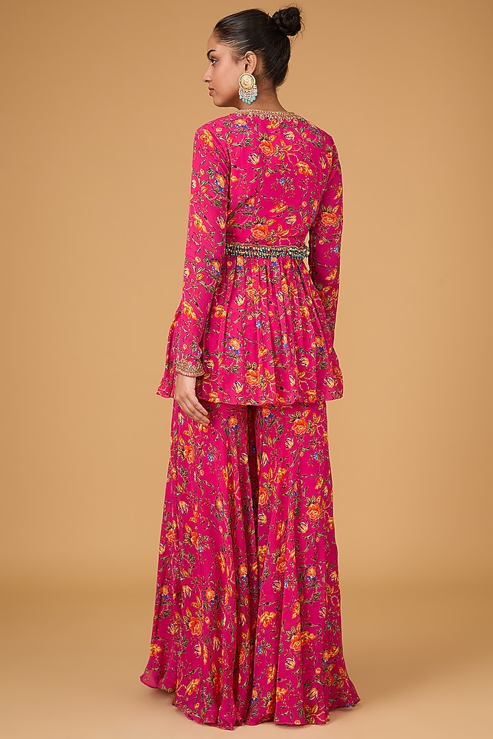 Crimson Pink Chinon Chiffon Floral Printed Gharara Set by Irrau by Samir Mantri at Pernia's Pop Up Shop