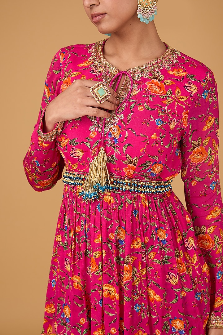 Crimson Pink Chinon Chiffon Floral Printed Gharara Set by Irrau by Samir Mantri at Pernia's Pop Up Shop