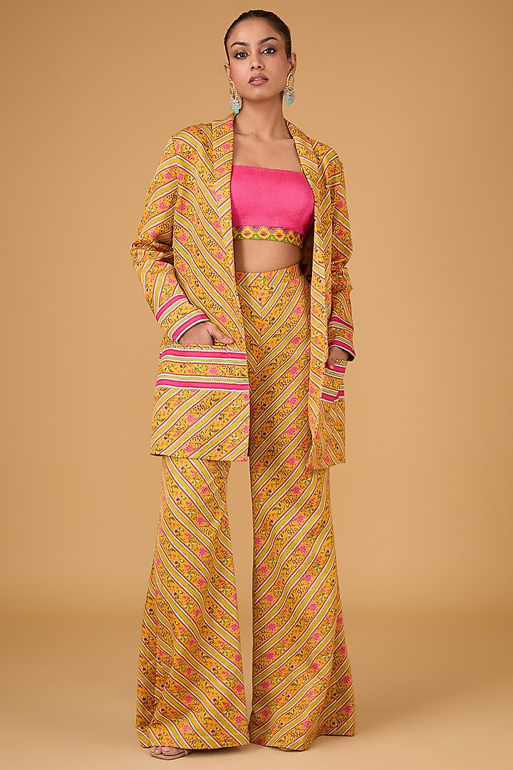 Amber Linen Satin Floral Chevron Printed Jacket Set by Irrau by Samir Mantri
