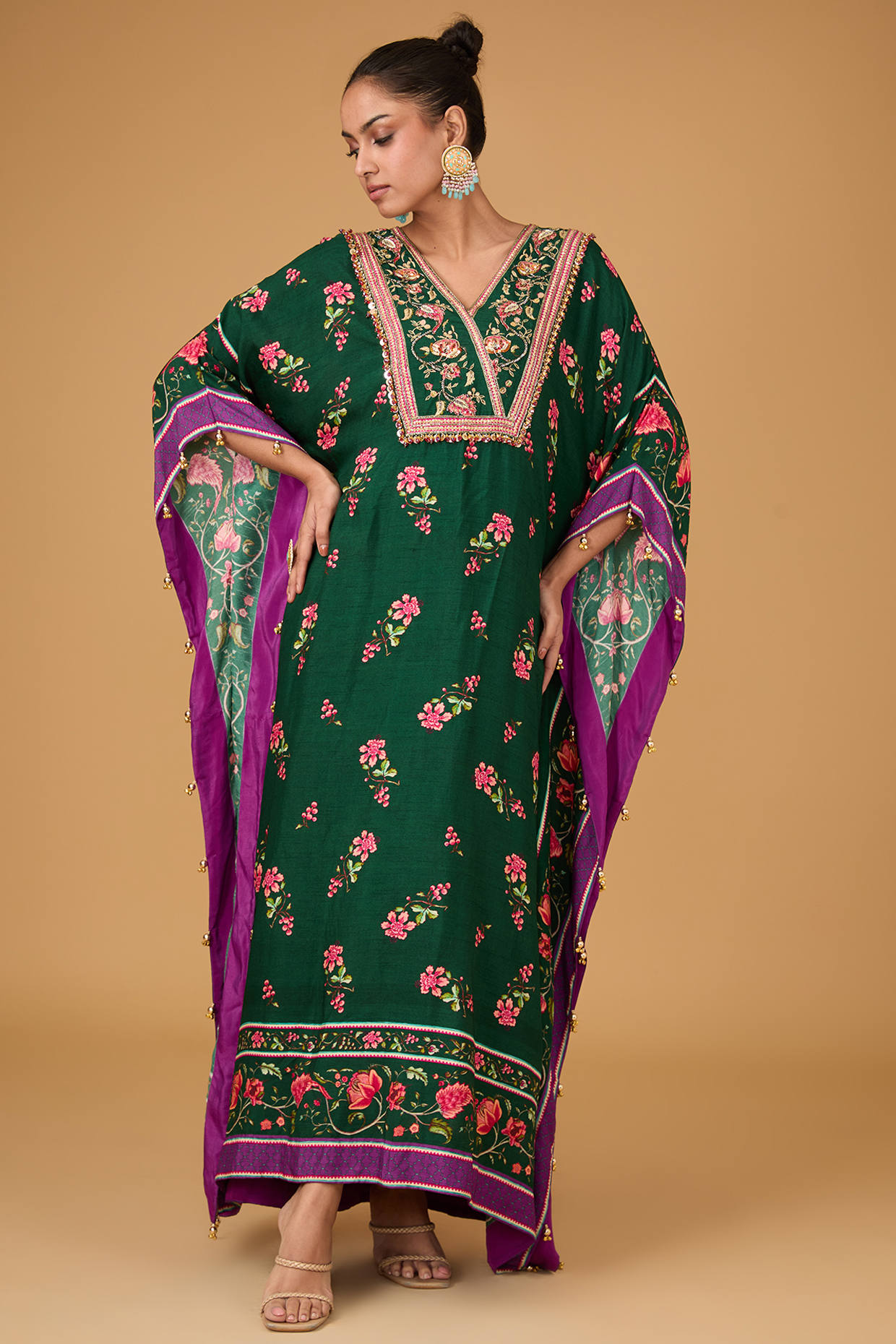 Emerald Dupion Floral Printed & Hand Embroidered Kaftan by Irrau by Samir Mantri at Pernia's Pop Up Shop