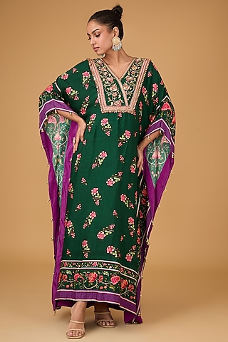 Emerald Dupion Floral Printed & Hand Embroidered Kaftan by Irrau by Samir Mantri