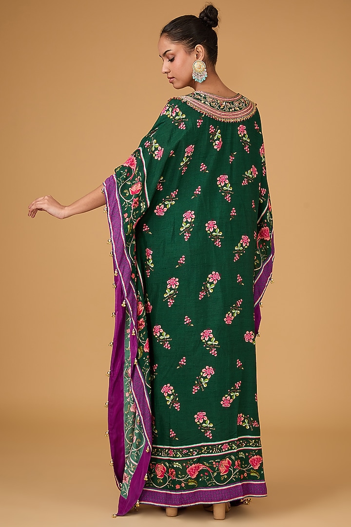 Emerald Dupion Floral Printed & Hand Embroidered Kaftan by Irrau by Samir Mantri at Pernia's Pop Up Shop
