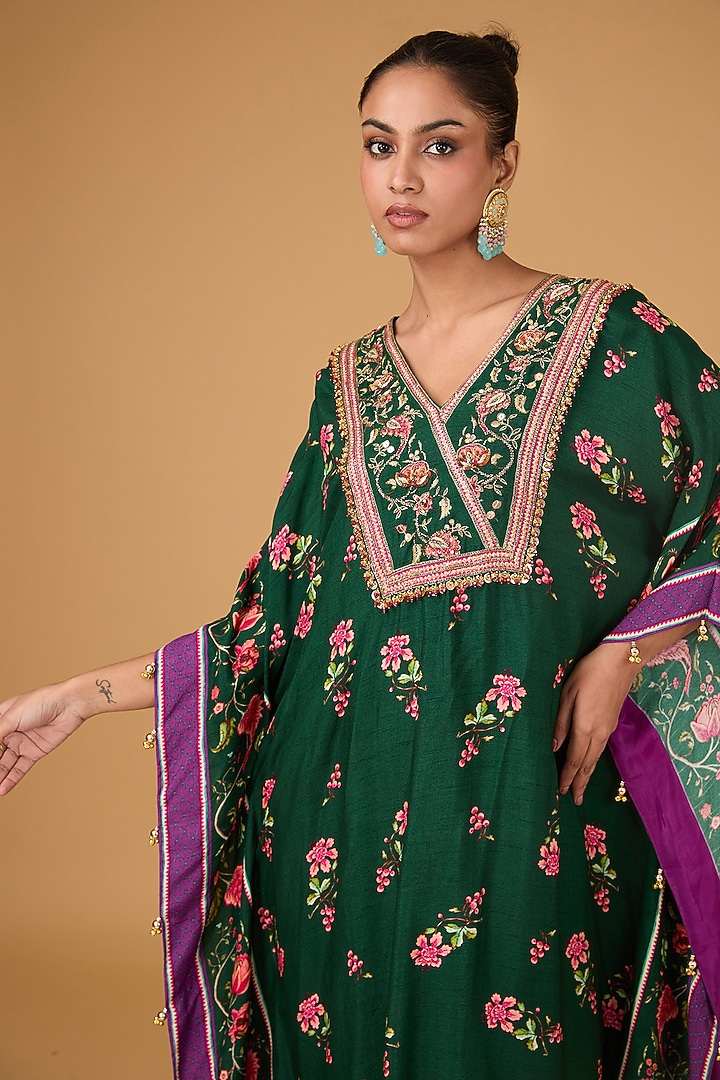Emerald Dupion Floral Printed & Hand Embroidered Kaftan by Irrau by Samir Mantri at Pernia's Pop Up Shop