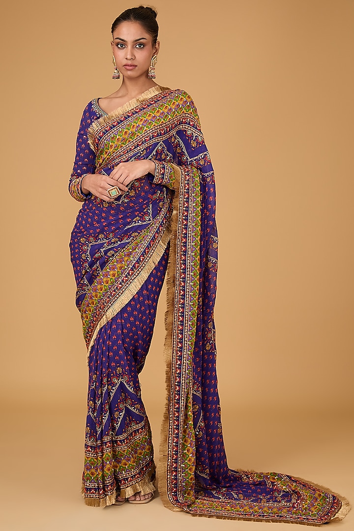 Multi-Colored Georgette Printed & Sequins Hand Embroidered Wedding Saree Set by Irrau by Samir Mantri at Pernia's Pop Up Shop