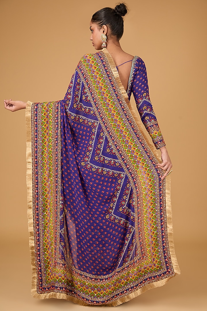 Multi-Colored Georgette Printed & Sequins Hand Embroidered Wedding Saree Set by Irrau by Samir Mantri at Pernia's Pop Up Shop
