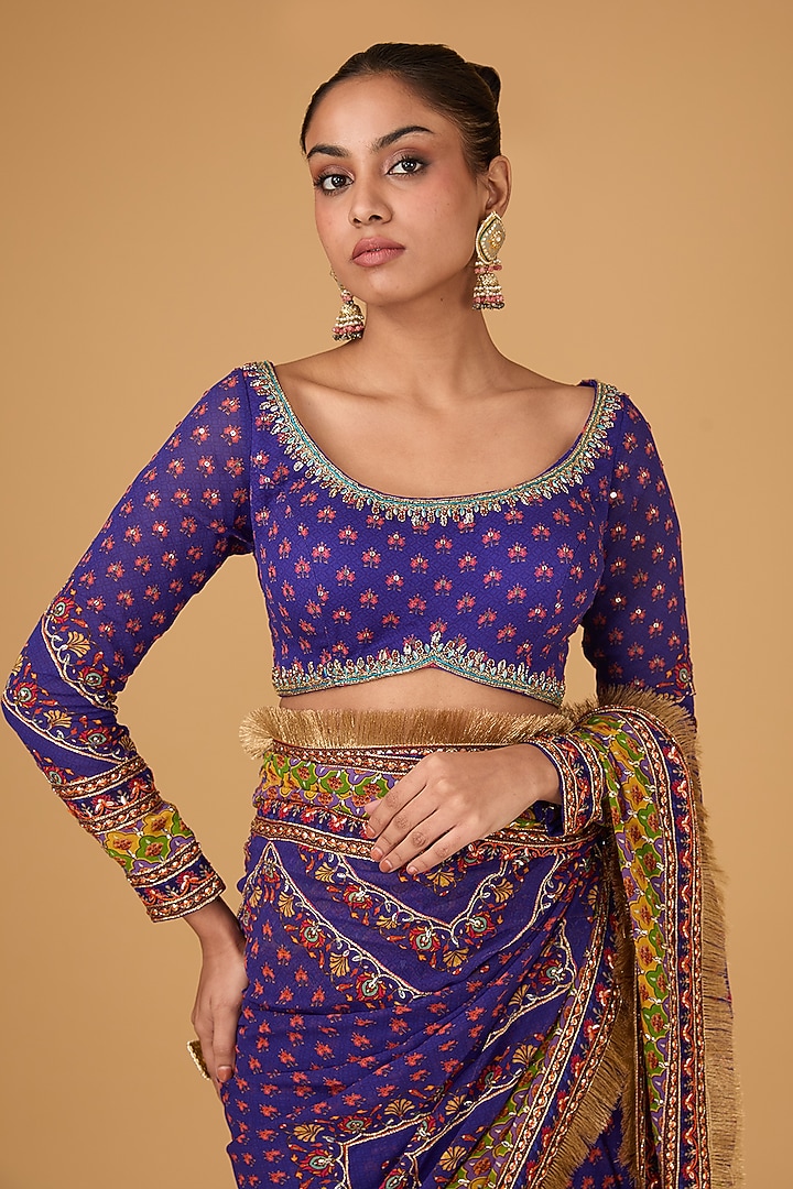 Multi-Colored Georgette Printed & Sequins Hand Embroidered Wedding Saree Set by Irrau by Samir Mantri at Pernia's Pop Up Shop