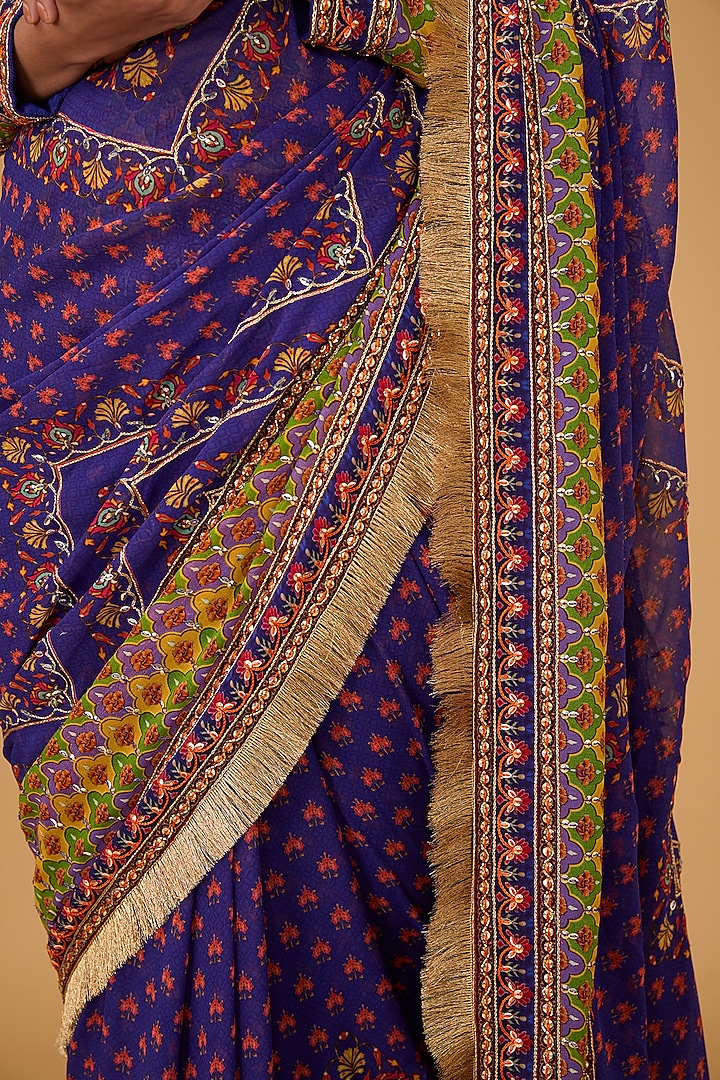Multi-Colored Georgette Printed & Sequins Hand Embroidered Wedding Saree Set by Irrau by Samir Mantri at Pernia's Pop Up Shop