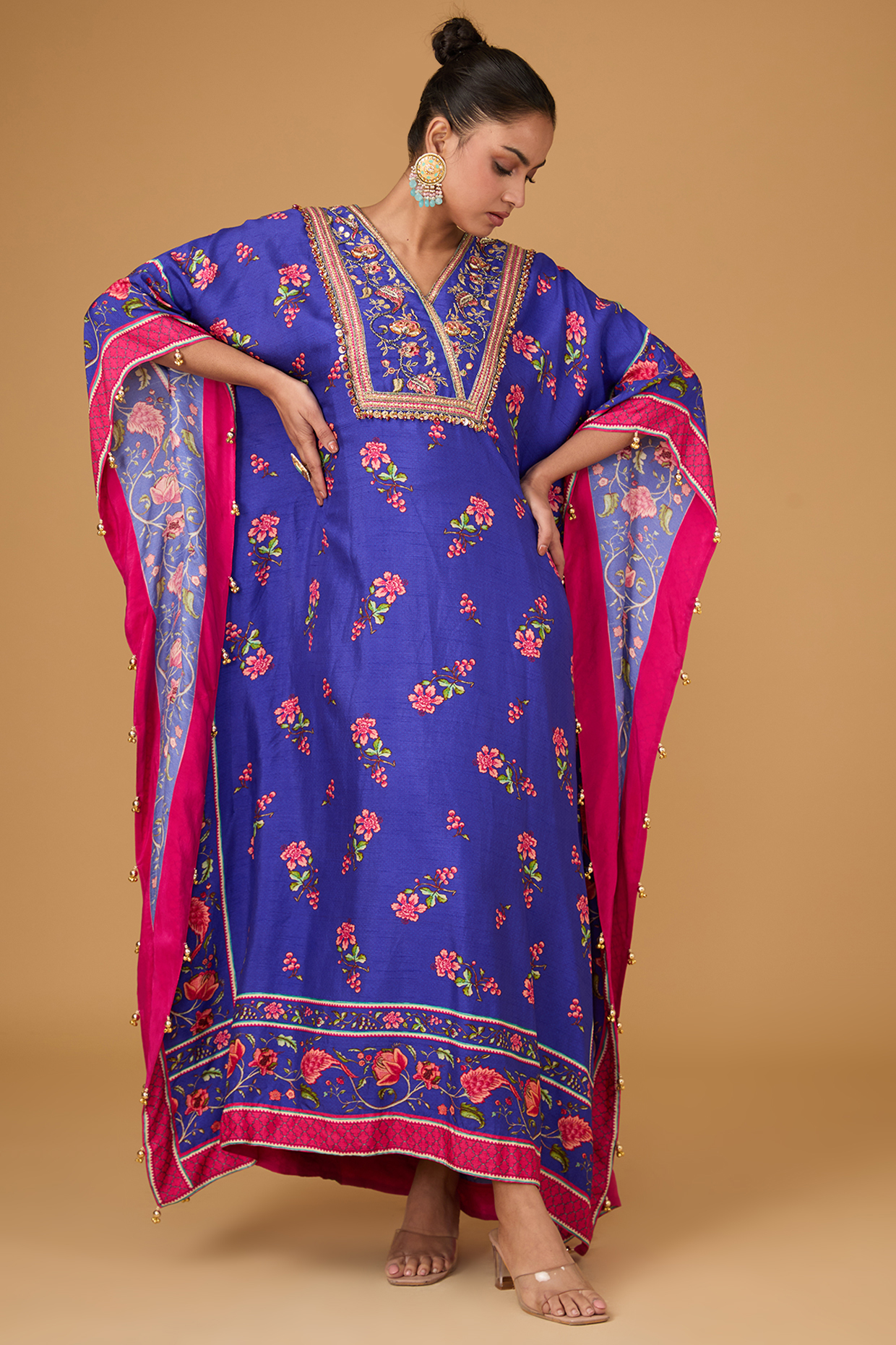 Blue Dupion Hand Embroidered & Printed Kaftan by Irrau by Samir Mantri at Pernia's Pop Up Shop
