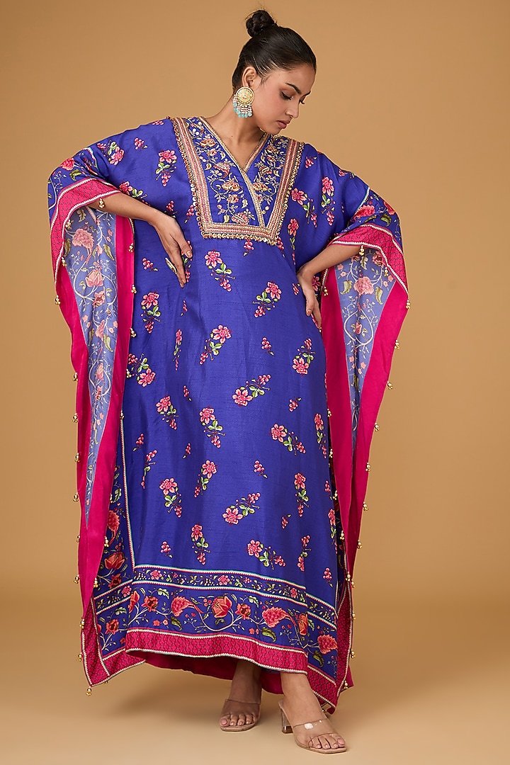 Blue Dupion Hand Embroidered & Printed Kaftan by Irrau by Samir Mantri at Pernia's Pop Up Shop