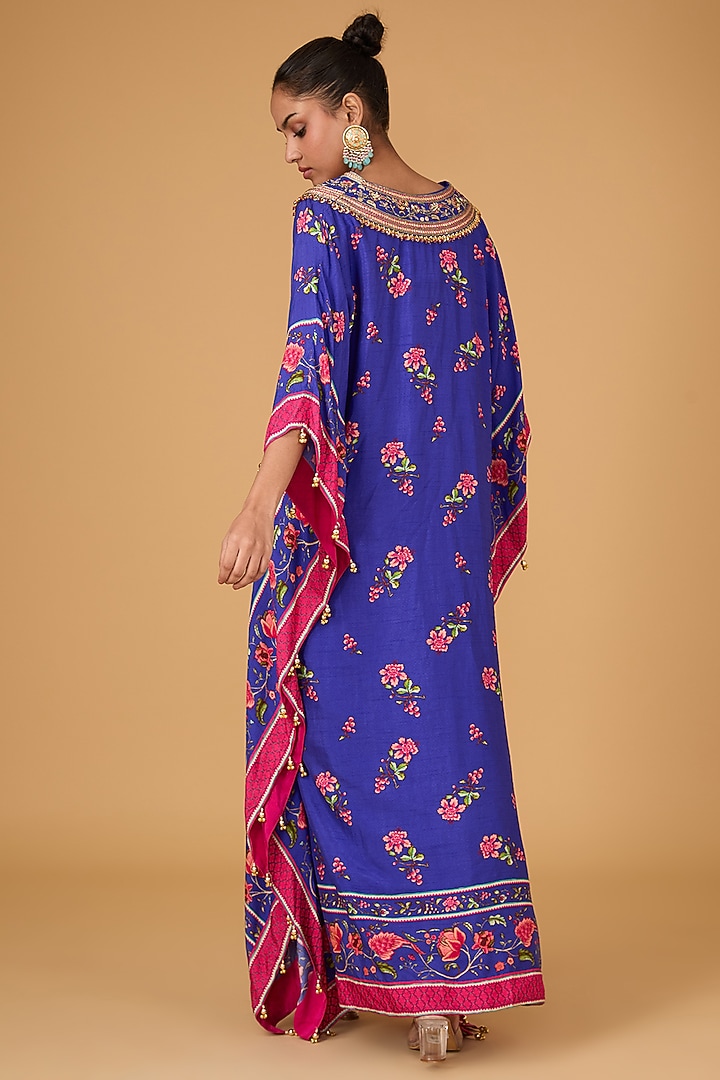 Blue Dupion Hand Embroidered & Printed Kaftan by Irrau by Samir Mantri at Pernia's Pop Up Shop