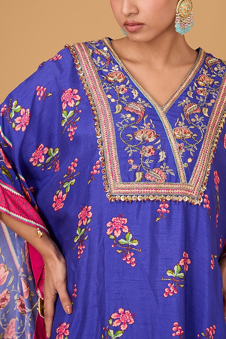 Blue Dupion Hand Embroidered & Printed Kaftan by Irrau by Samir Mantri at Pernia's Pop Up Shop
