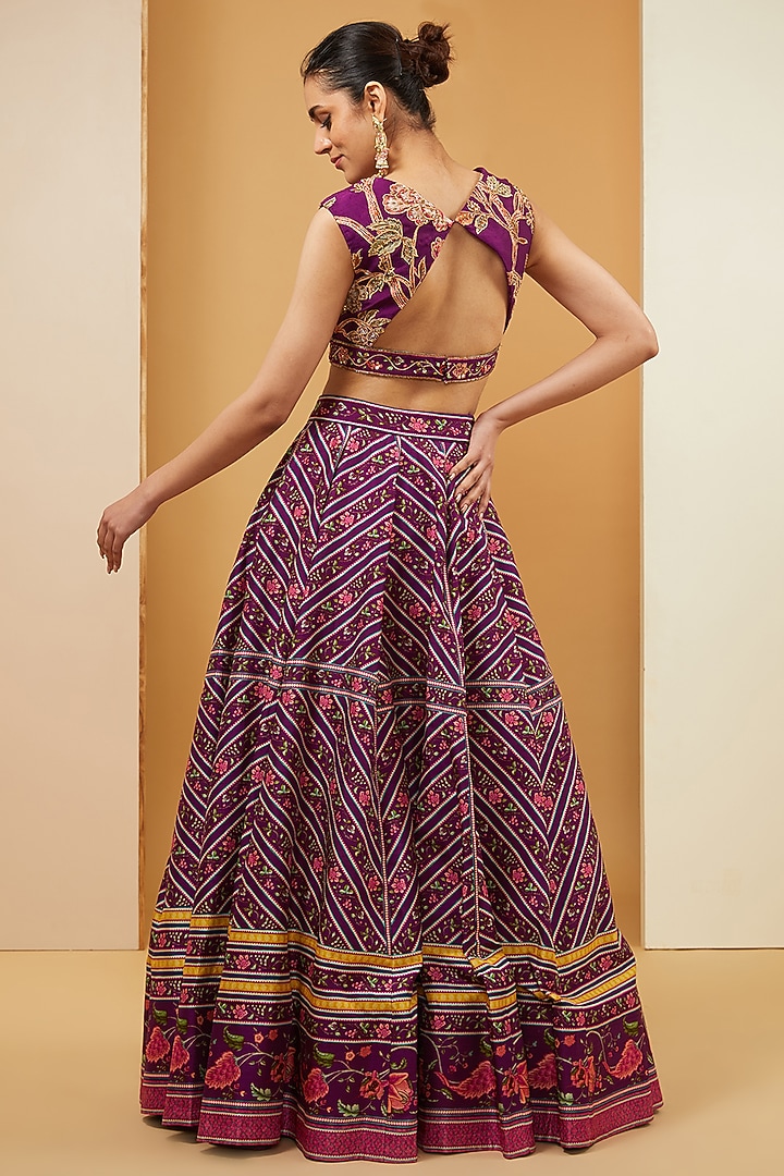 Plum Dupion Floral Chevron Printed Wedding Lehenga Set by Irrau by Samir Mantri at Pernia's Pop Up Shop