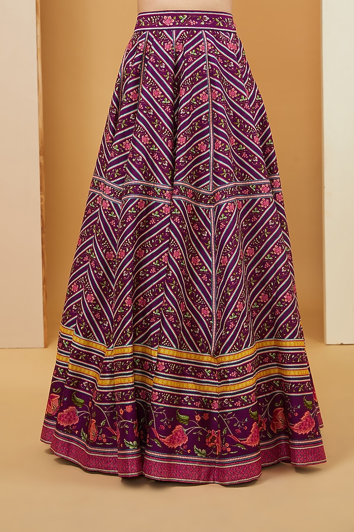 Plum Dupion Floral Chevron Printed Wedding Lehenga Set by Irrau by Samir Mantri at Pernia's Pop Up Shop