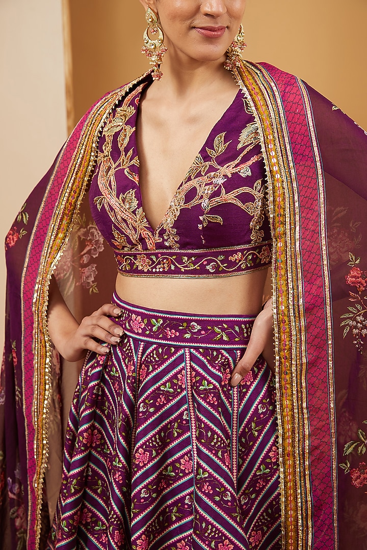 Plum Dupion Floral Chevron Printed Wedding Lehenga Set by Irrau by Samir Mantri at Pernia's Pop Up Shop