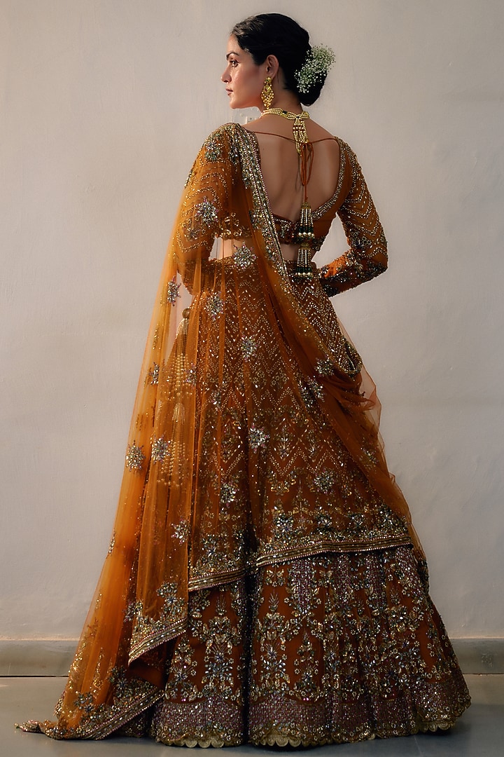 Rust Net Hand Embroidered Bridal Lehenga Set by Irrau by Samir Mantri at Pernia's Pop Up Shop