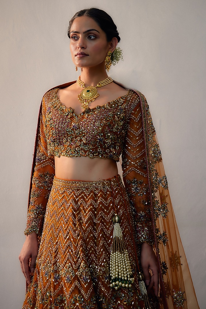 Rust Net Hand Embroidered Bridal Lehenga Set by Irrau by Samir Mantri at Pernia's Pop Up Shop