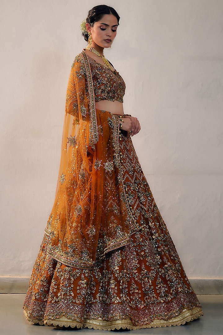Rust Net Hand Embroidered Bridal Lehenga Set by Irrau by Samir Mantri at Pernia's Pop Up Shop