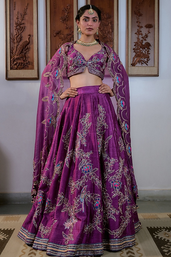 Purple Pure Raw Silk Hand Embroidered Bridal Lehenga Set by Irrau by Samir Mantri at Pernia's Pop Up Shop