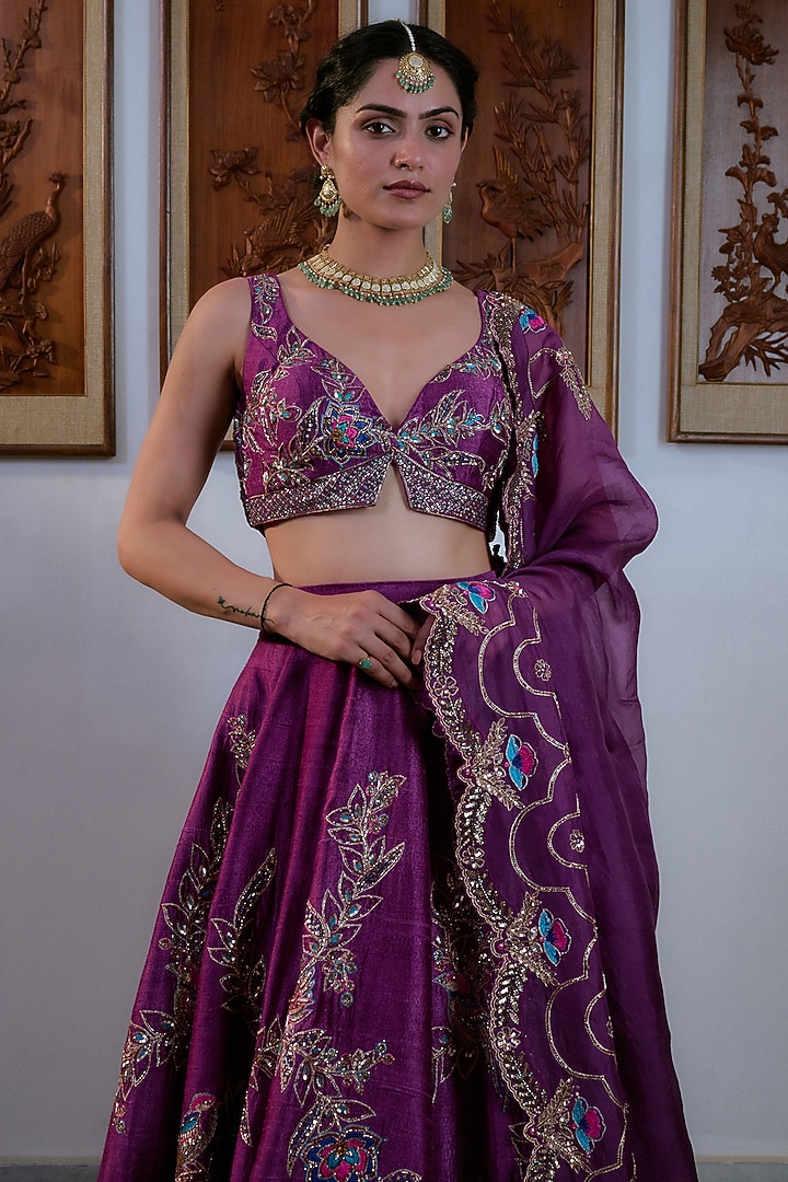 Purple Pure Raw Silk Hand Embroidered Bridal Lehenga Set by Irrau by Samir Mantri at Pernia's Pop Up Shop
