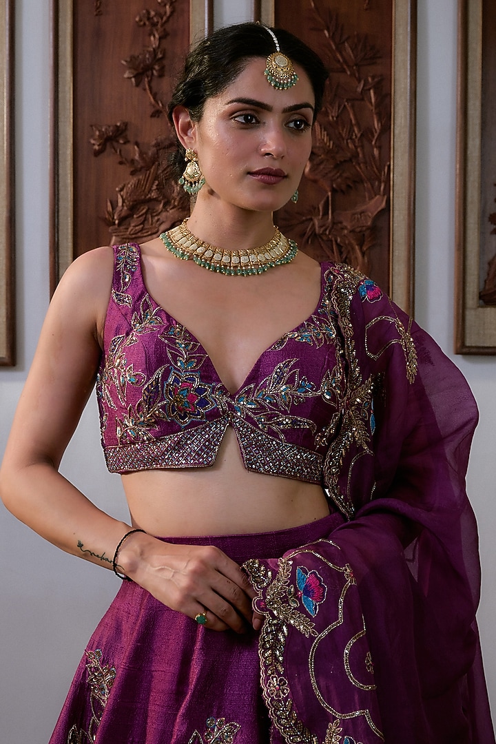 Purple Pure Raw Silk Hand Embroidered Bridal Lehenga Set by Irrau by Samir Mantri at Pernia's Pop Up Shop