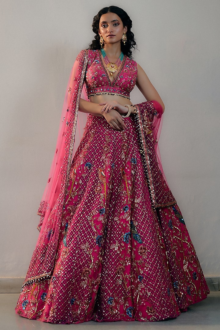 Fuchsia Pink Net Hand Embroidered Lehenga Set by Irrau by Samir Mantri