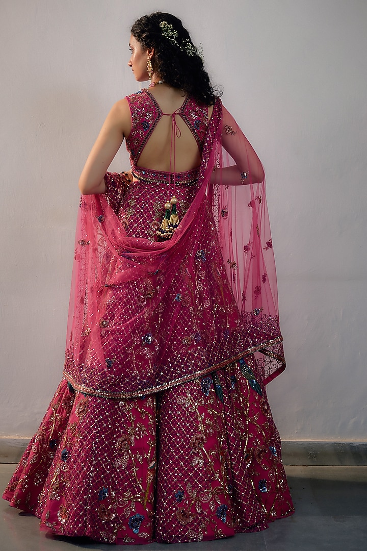 Fuchsia Pink Net Hand Embroidered Bridal Lehenga Set by Irrau by Samir Mantri at Pernia's Pop Up Shop
