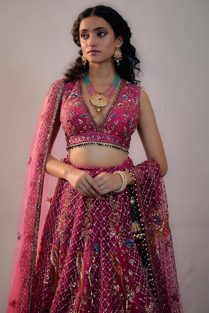 Fuchsia Pink Net Hand Embroidered Bridal Lehenga Set by Irrau by Samir Mantri at Pernia's Pop Up Shop