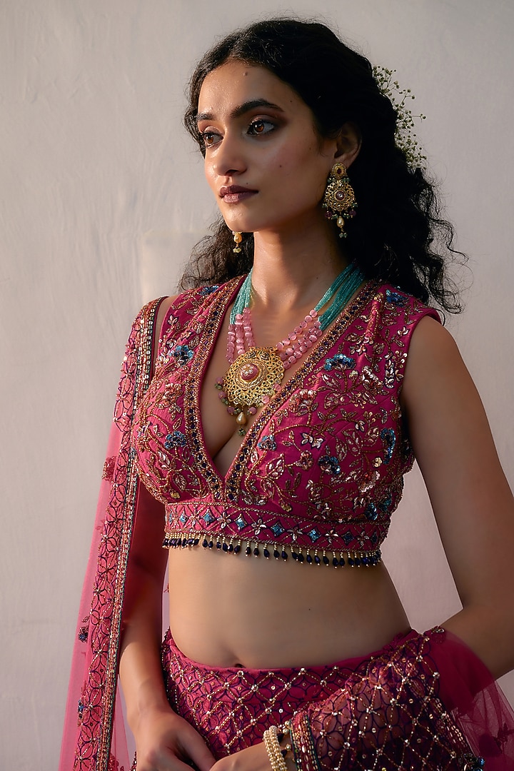 Fuchsia Pink Net Hand Embroidered Bridal Lehenga Set by Irrau by Samir Mantri at Pernia's Pop Up Shop