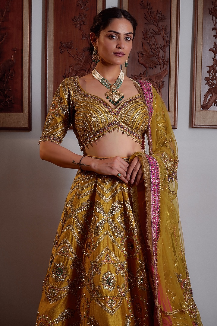 Mustard Pure Raw Silk Hand Embroidered Bridal Lehenga Set by Irrau by Samir Mantri at Pernia's Pop Up Shop