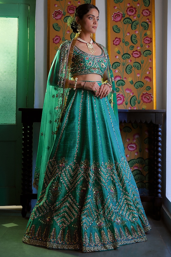Teal Green Pure Raw Silk Hand Embroidered Wedding Lehenga Set by Irrau by Samir Mantri at Pernia's Pop Up Shop