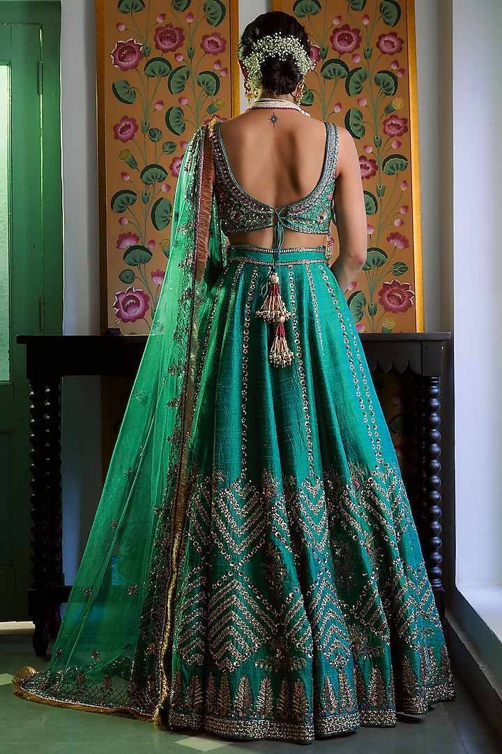 Teal Green Pure Raw Silk Hand Embroidered Wedding Lehenga Set by Irrau by Samir Mantri at Pernia's Pop Up Shop