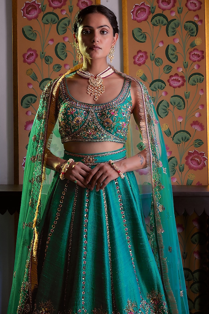 Teal Green Pure Raw Silk Hand Embroidered Wedding Lehenga Set by Irrau by Samir Mantri at Pernia's Pop Up Shop