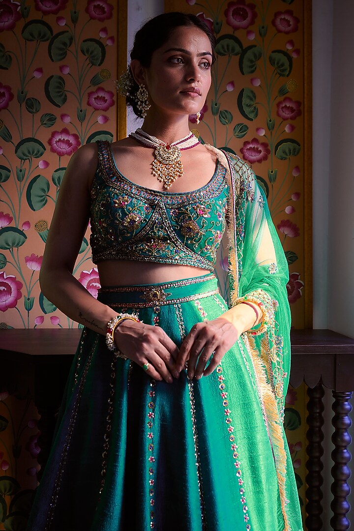 Teal Green Pure Raw Silk Hand Embroidered Wedding Lehenga Set by Irrau by Samir Mantri at Pernia's Pop Up Shop