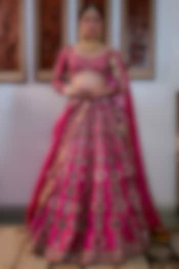 Fuchsia Pink Pure Raw Silk Hand Embroidered Lehenga Set by Irrau by Samir Mantri