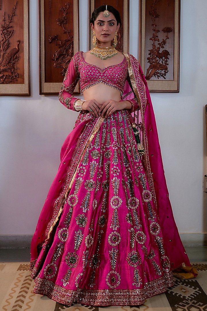 Fuchsia Pink Pure Raw Silk Hand Embroidered Lehenga Set by Irrau by Samir Mantri